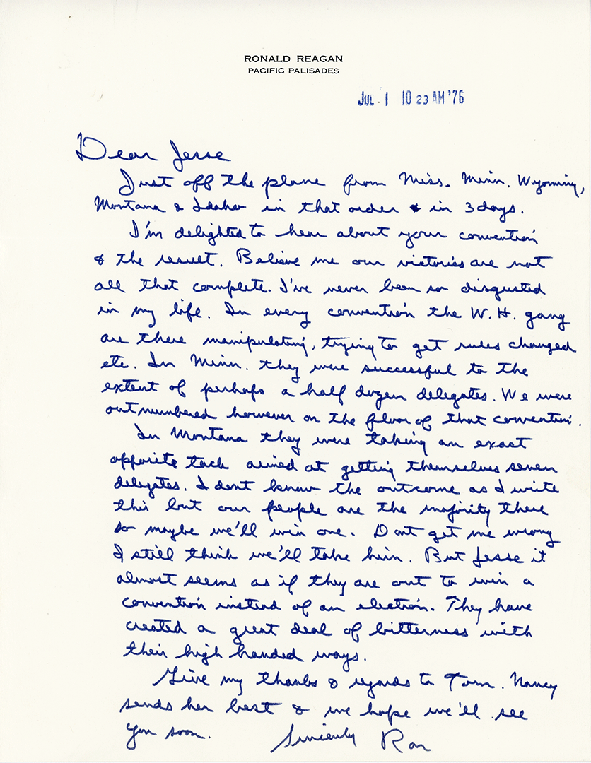 Letter from Reagan following his victory in the North Carolina Primary.