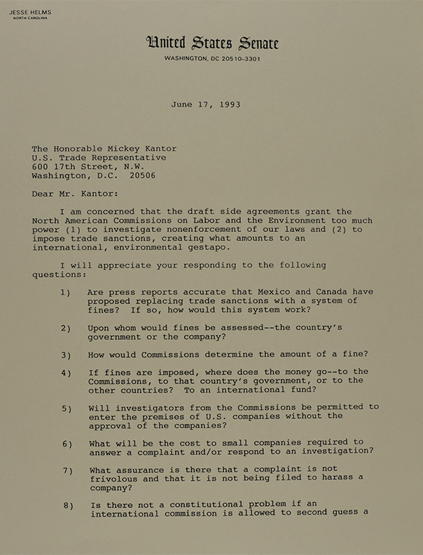 Senator Helms letter to U.S. Trade Representative Mickey Kantor.