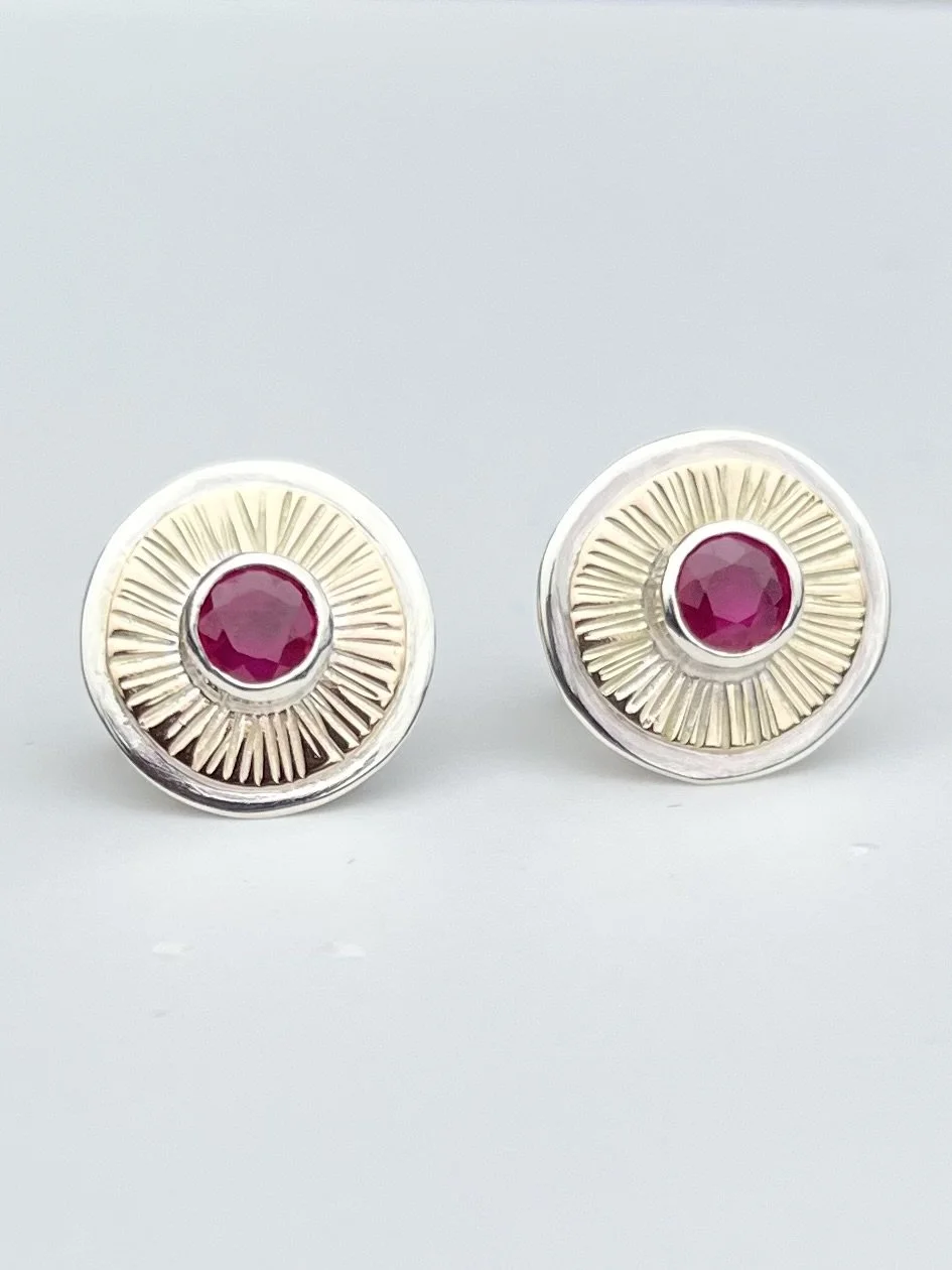 Silver, 9ct gold and ruby earrings . 