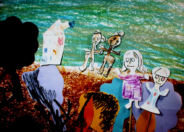 Kids; drawings, collage, puppets. Still from video
