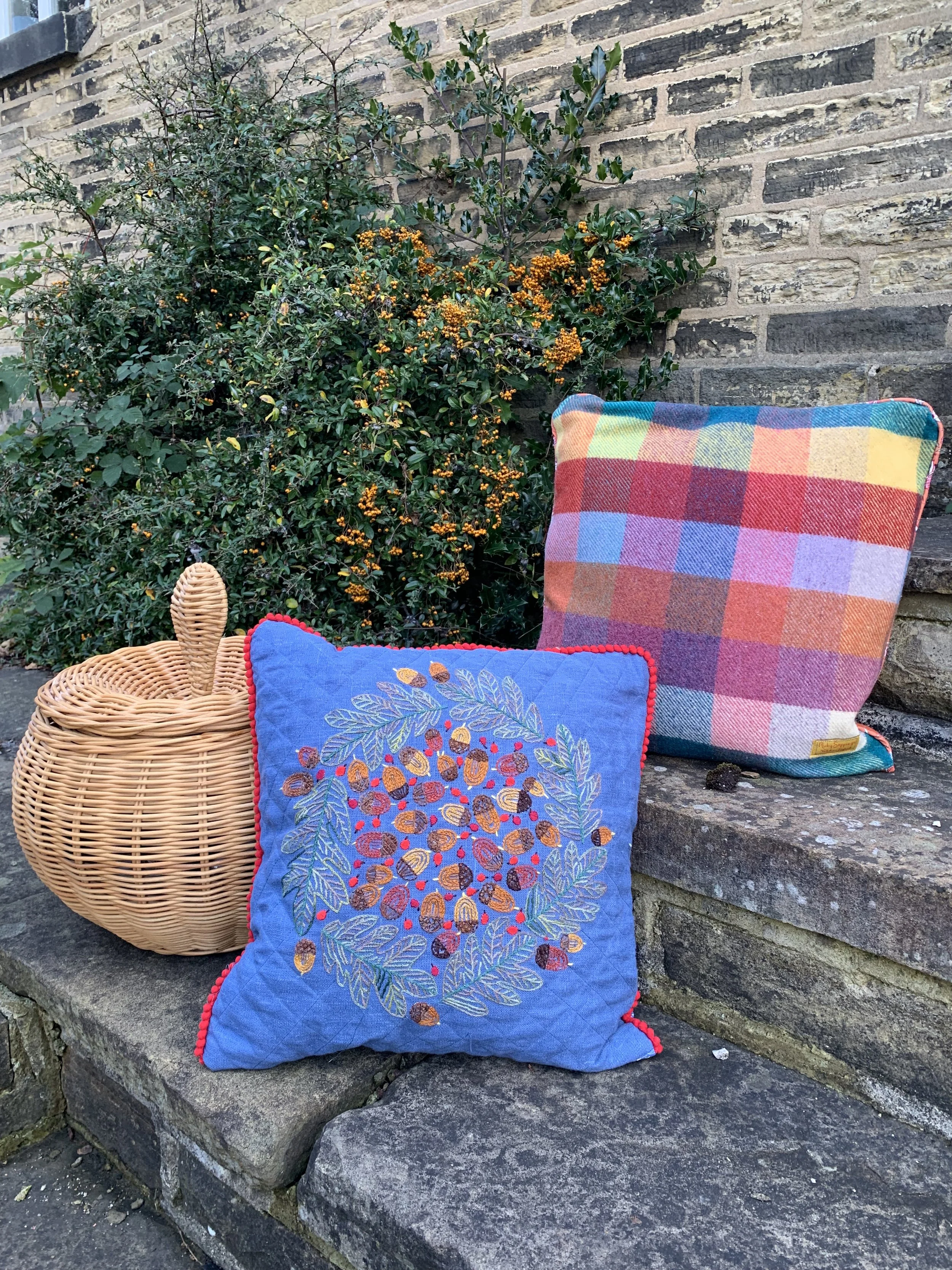 Making Autumn cushions and an acorn embroidery