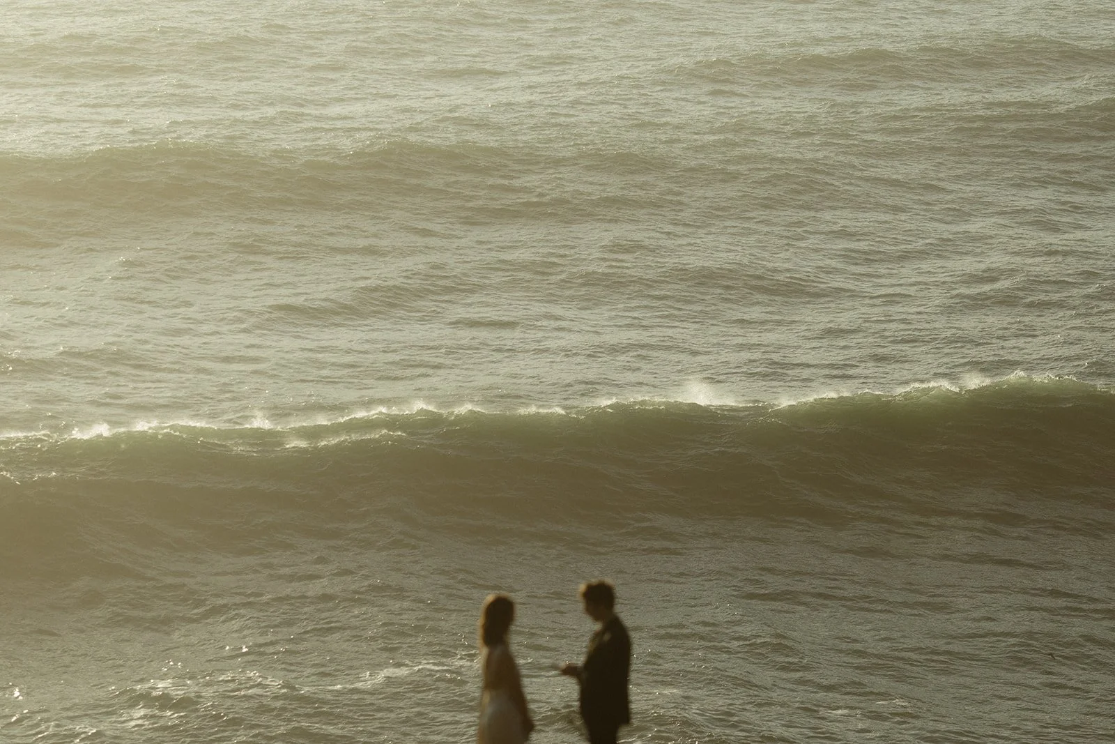 Bride and groom are reading private vows on a cliffside of the Oregon Coast with a crashing wave behind them.