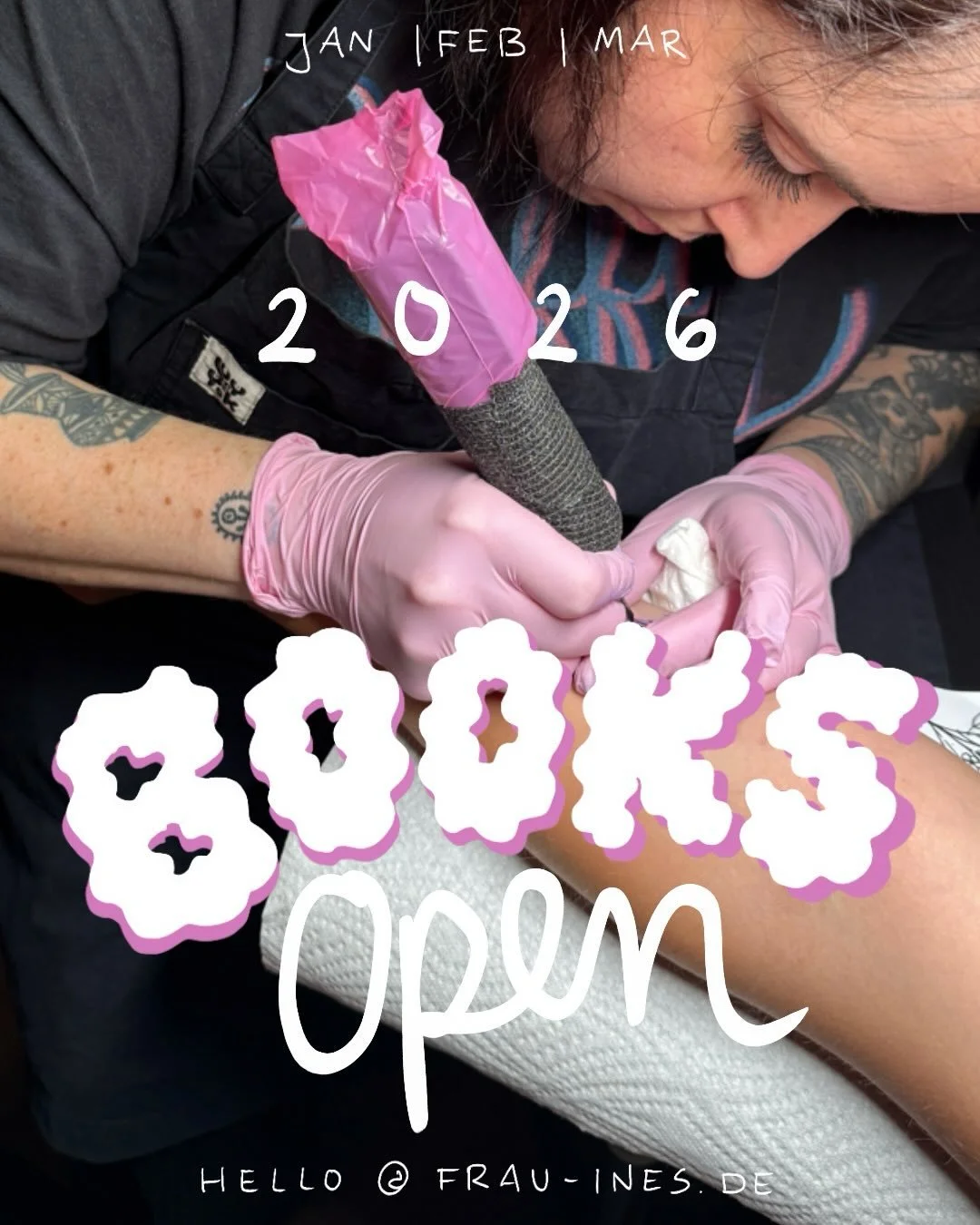🚨BOOKS are now OPEN for 2026 🚨

If you want to get inked in the first quarter of 2026 in Hamburg, please send me an email to hello@frau-ines.de 💌
I will open my bookings for 2026 until all appointments in January, February &amp; March are taken. ?