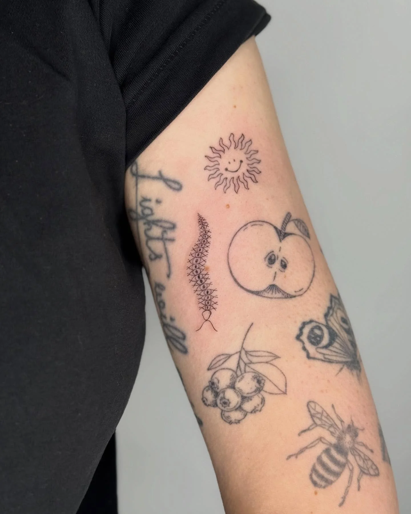 Added a new cutie to an ongoing collection spanning over 7 years. Thank you so much for your long-standing trust! I love seeing the collection and the progress grow. 🩷
(Lettering not by me)

⫸
Booking info: If you want to get inked in February, drop