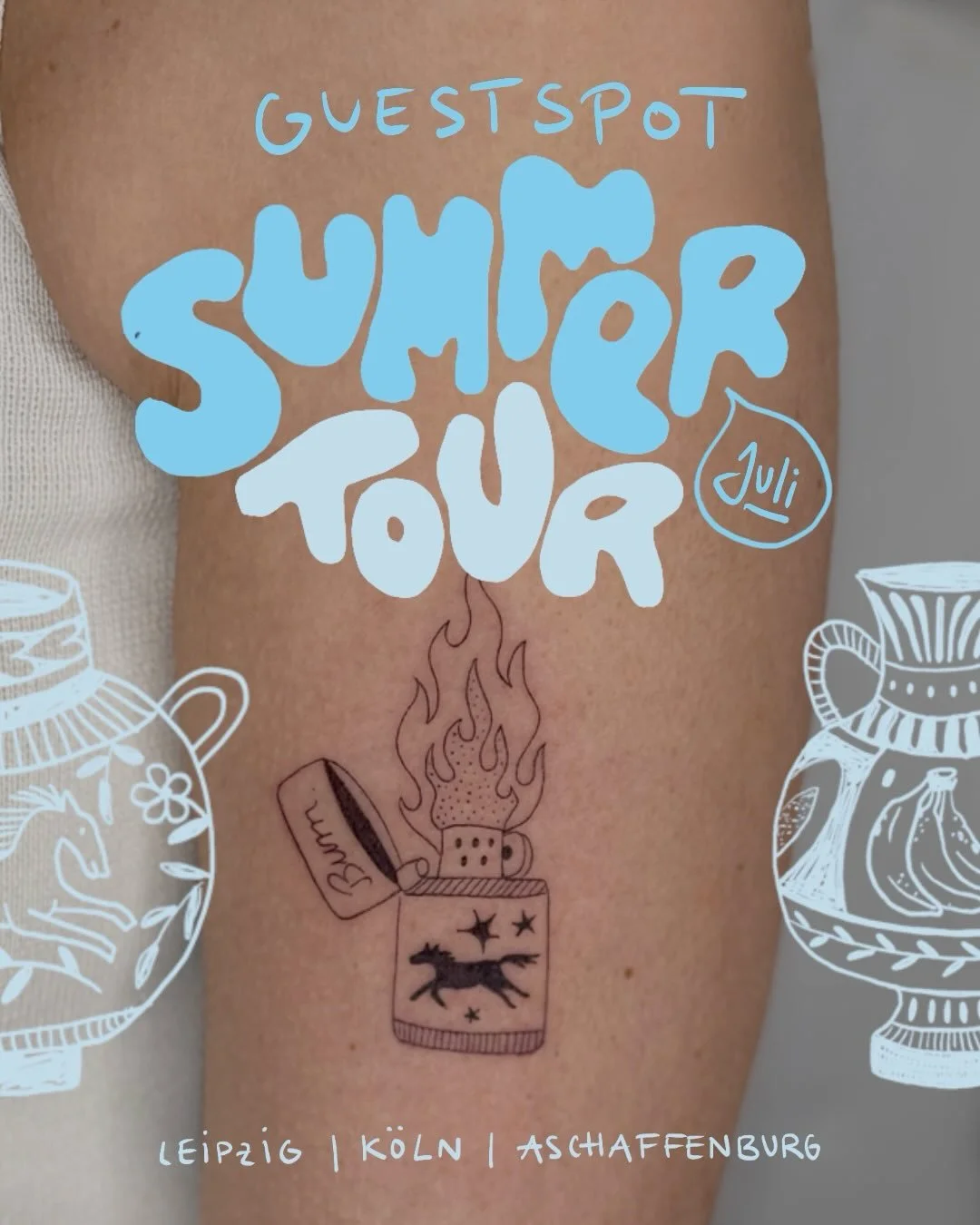 GOOD NEWS! 🚨 
I&rsquo;m doing a short guestspot tour in July 🌞 
Leipzig, K&ouml;ln and Aschaffenburg &mdash; I&rsquo;m coming to see youuuuu 💙 Check out the dates and take the opportunity to get a tattoo while I&rsquo;m in town! 

LEIPZIG | 14.-15
