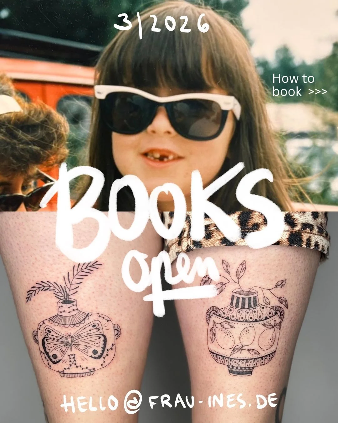 Books are open! 🚨

F&uuml;r einen Tattoo Termin im 3. Quartal 2026 in Hamburg, schreib mir bitte eine Email an hello@frau-ines.de 💌 (keine Dms)

Folgende Informationen d&uuml;rfen in der Email nicht fehlen: 
- Beschreibung deiner Motividee
- Ungef&