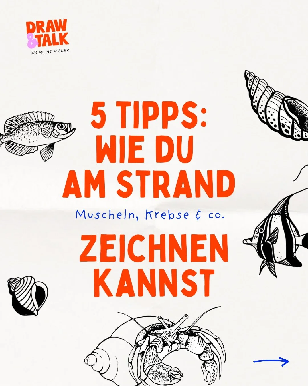 Im Urlaub am Strand: die Zeichenmaterialien einpacken und abends dann genauso wieder auspacken? been there, done that! 🥹🦪 Aber mit diesen passenden Tipps, zum zeichnen von Muscheln, Krebsen &amp; co., f&auml;llt euch das anfangen hoffentlich leicht