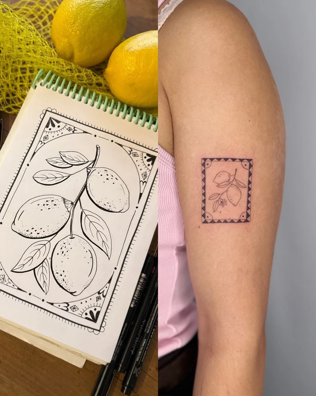 I recently drew this lemon motif in the @live.artclub online studio. I&rsquo;ve now had the chance to create a smaller version of this Sicilian-inspired tile as a tattoo 😍🍋❤️&zwj;🔥
I love it when my different lines of work come together. Thank you