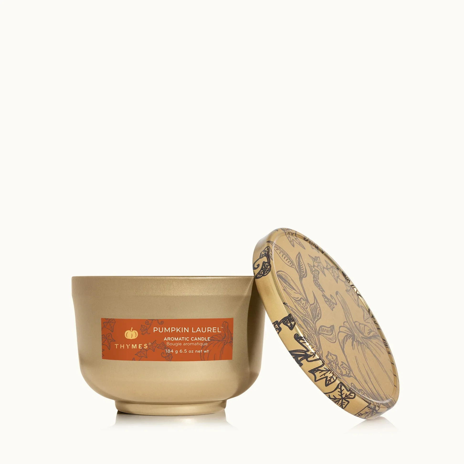 THYMES Pumpkin Laurel Poured Candle Tin with Gold Lid