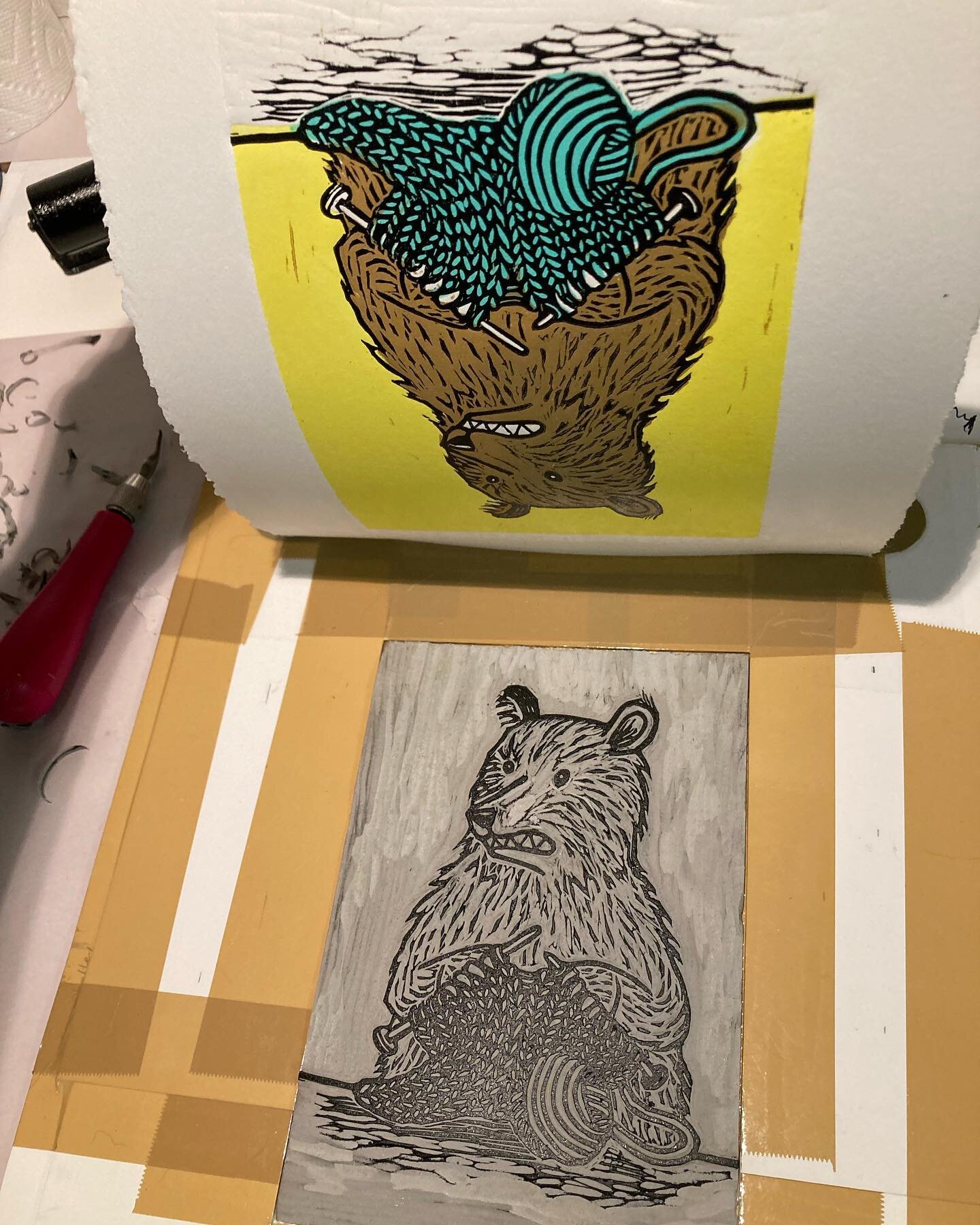 A little process story in a few photos.
Making more knitting bear linocuts. I carved 3 different plates of linoleum, one for each color. Well, I used the same Lino for the yellow/ aqua plate, with careful ink rolling. Yellow/aqua plate first, brown s