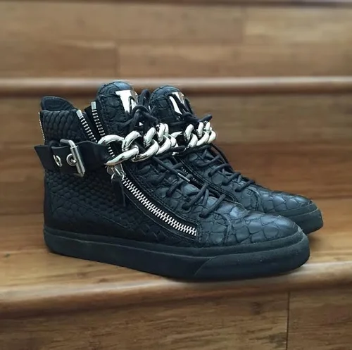 Giuseppe Zanotti Black Leather Croc-embossed Chain-strap Sneakers 