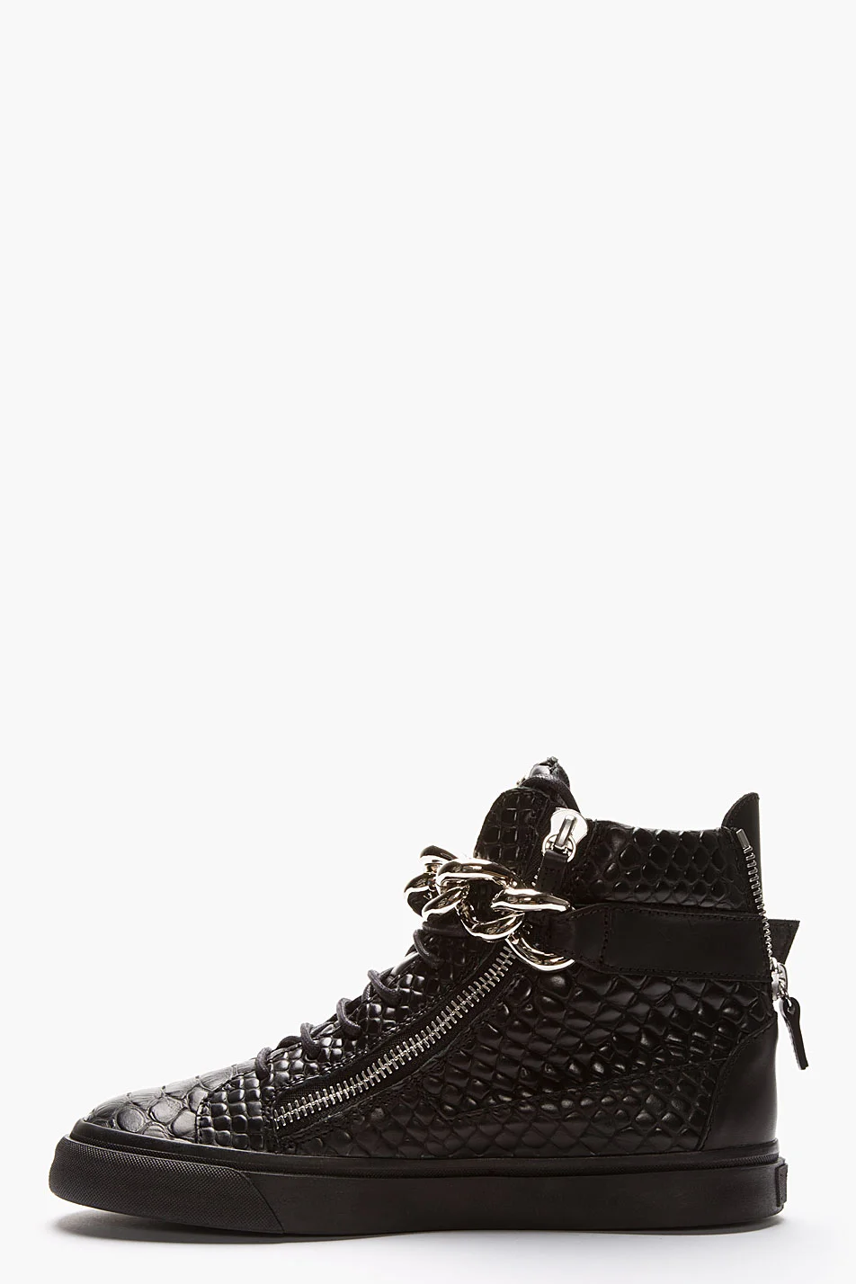 Giuseppe Zanotti Black Leather Croc-embossed Chain-strap Sneakers