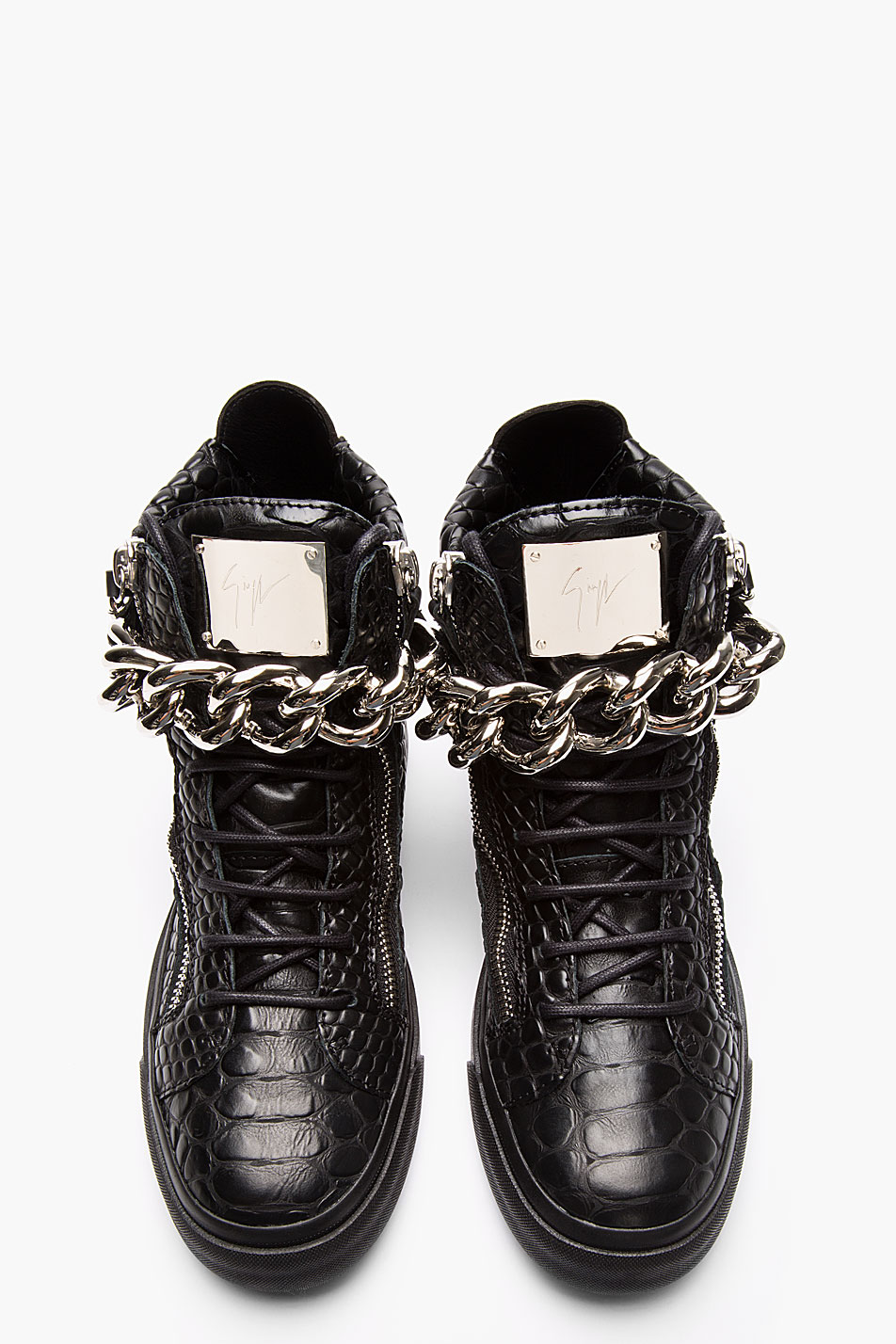 Giuseppe Zanotti Leather Croc-embossed Chain-strap Sneakers - Size 40 — Olori
