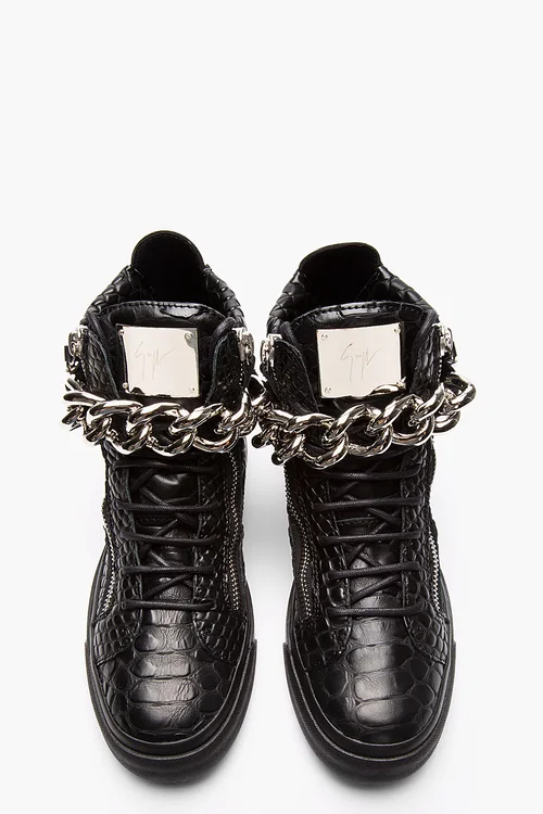 Giuseppe Zanotti Black Leather Croc-embossed Chain-strap Sneakers
