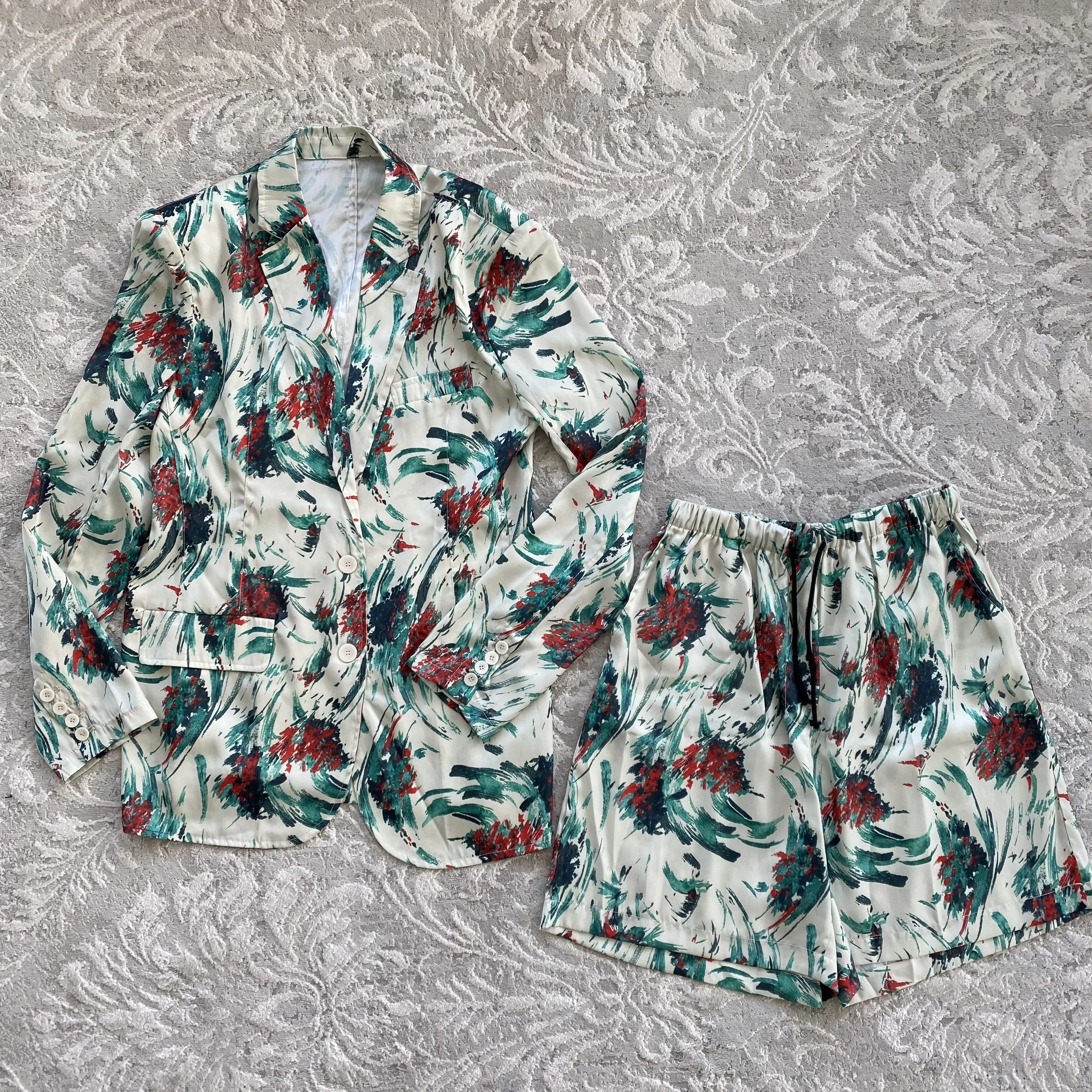 Watercolor Silk Blazer Short Set - Size L