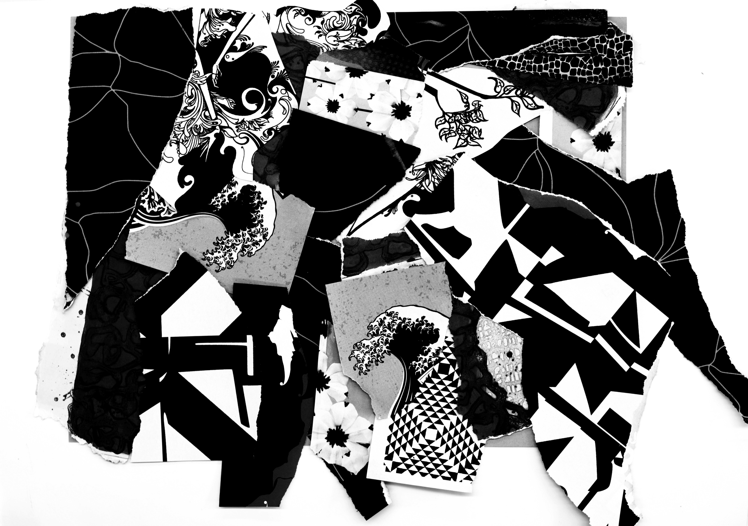 2017 black marker drawings, magazine paper collage, black and white photo 8 x 11 inches
