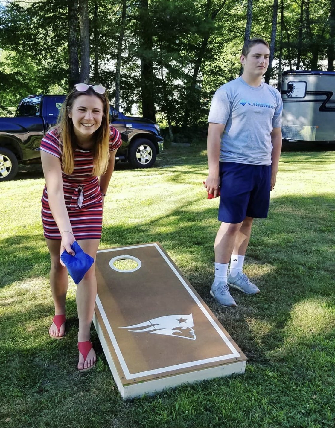 2019 Custom built, designed, and painted two wooden cornhole boards. Photo of board in use.