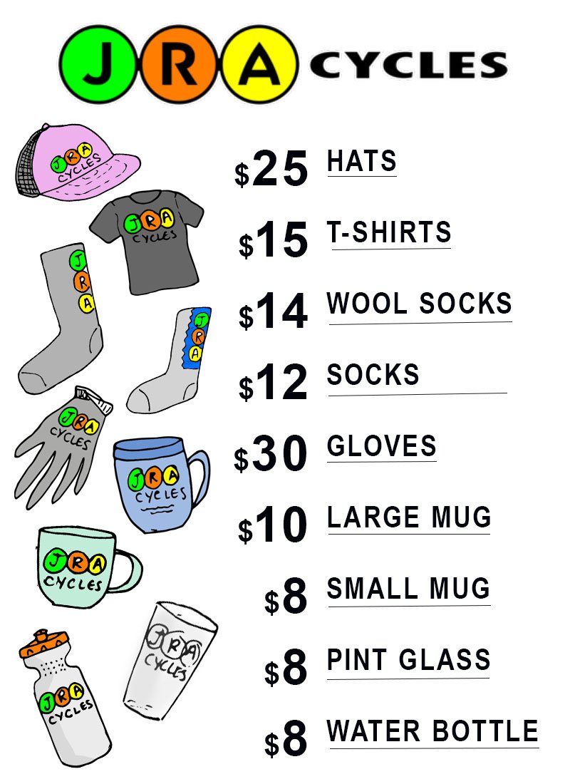 2019 Created a pricing sheet with illustrated images for JRA Cycles when they are out vending at events.