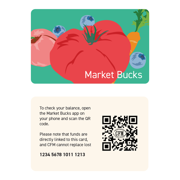 The Market Bucks Card is designed to be similar to a regular credit card, and uses a QR Code so that vendors would not have to buy new equipment to swipe it.