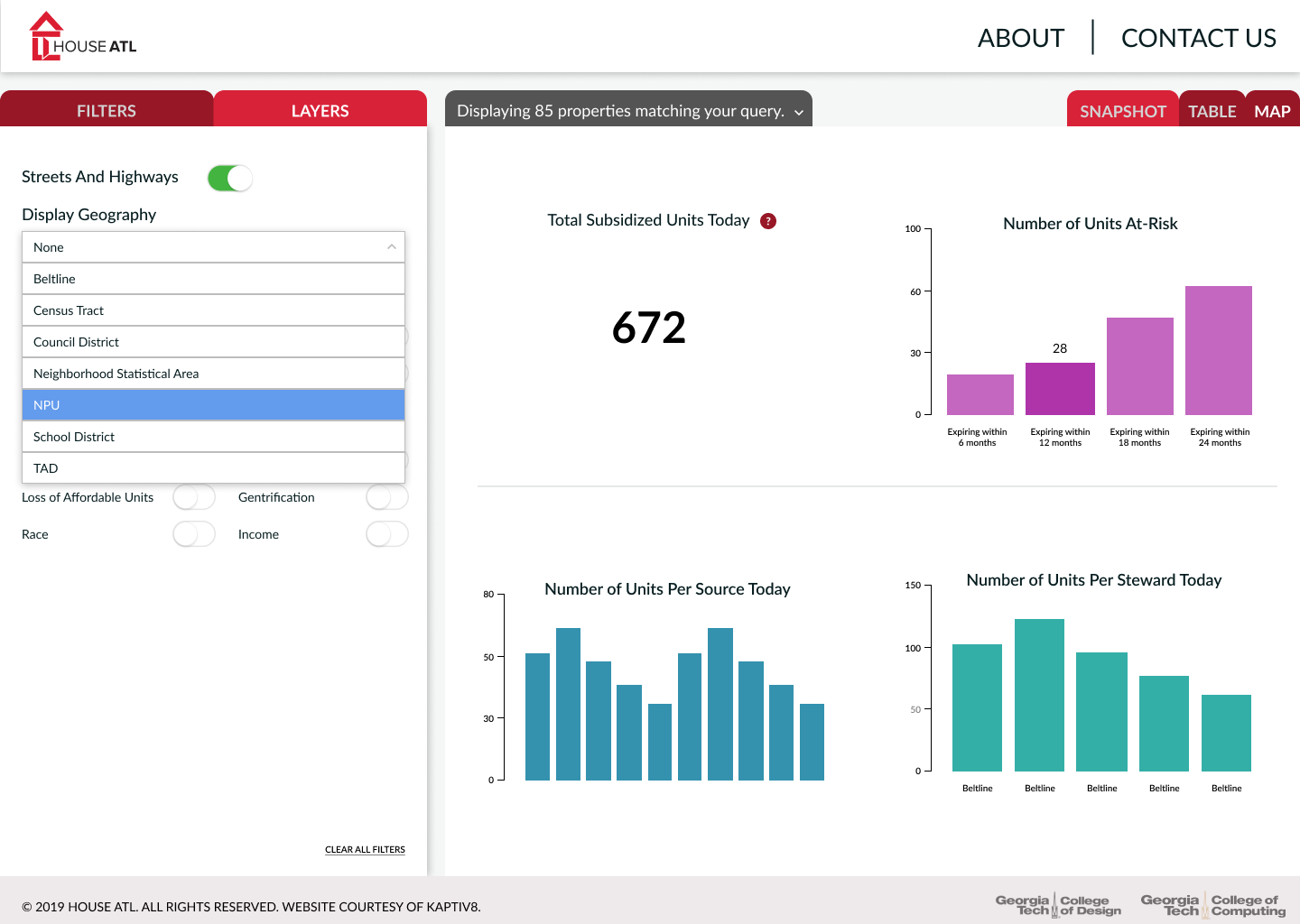 A wireframe of a dashboard that shows at-a-glance data of the overall landscape of affordable housing in Atlanta