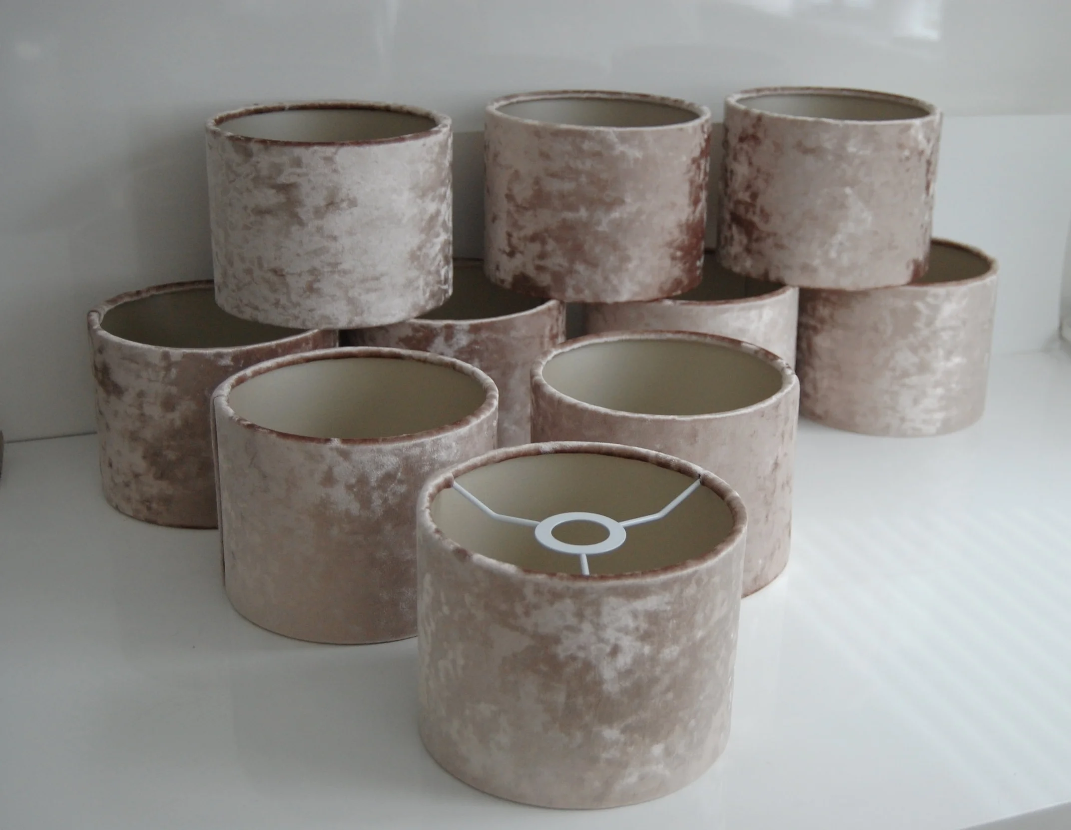 Small crushed beige velvet lamp shades with taupe lining