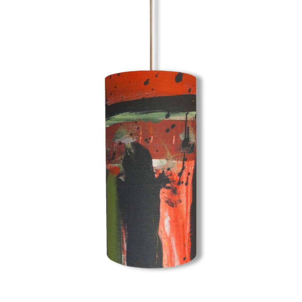Red cylinder lampshade with artistic paint splattered design