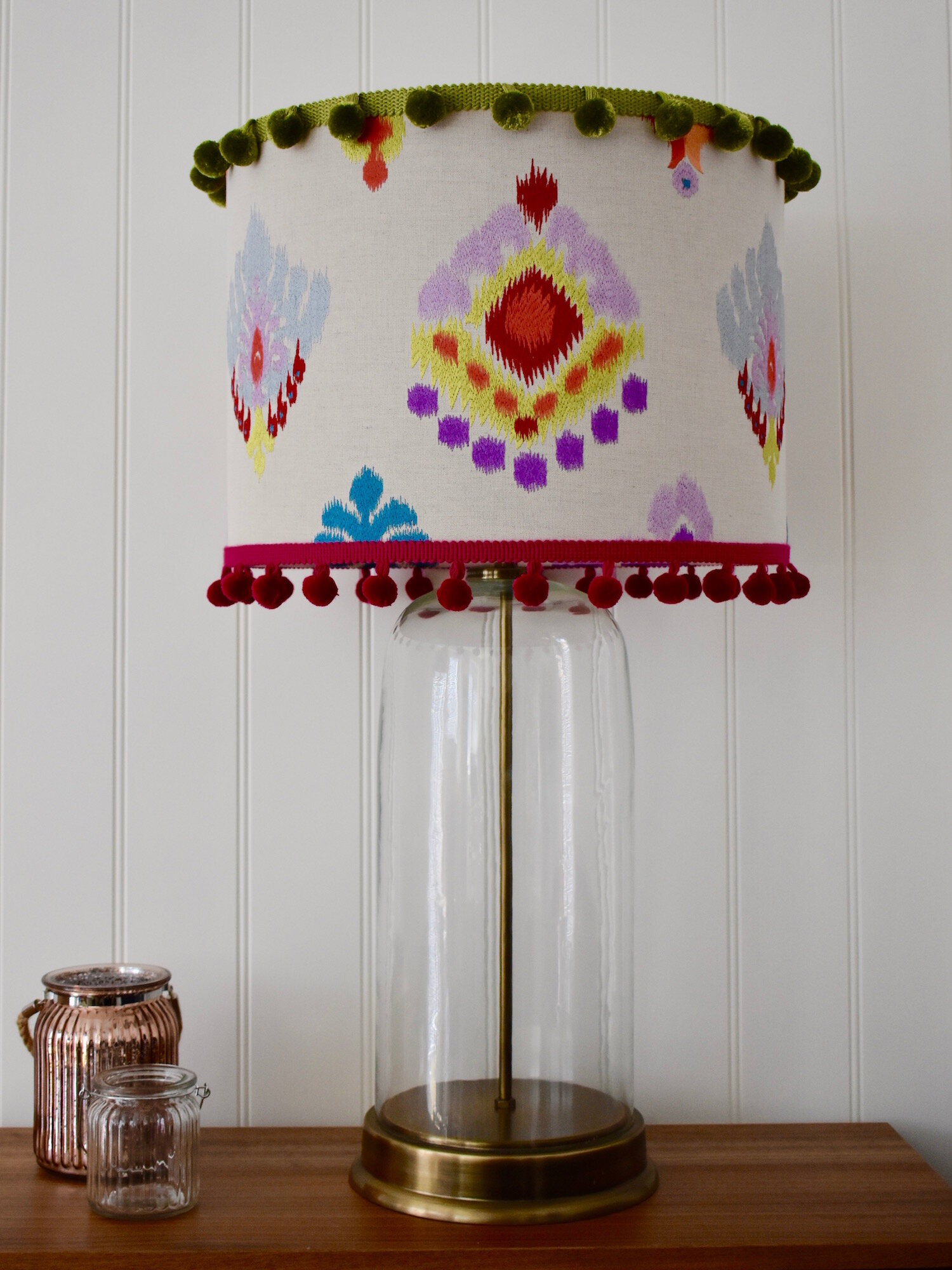 Bespoke Lampshades using Jane Churchill fabric - customers own material with added  pompom trim