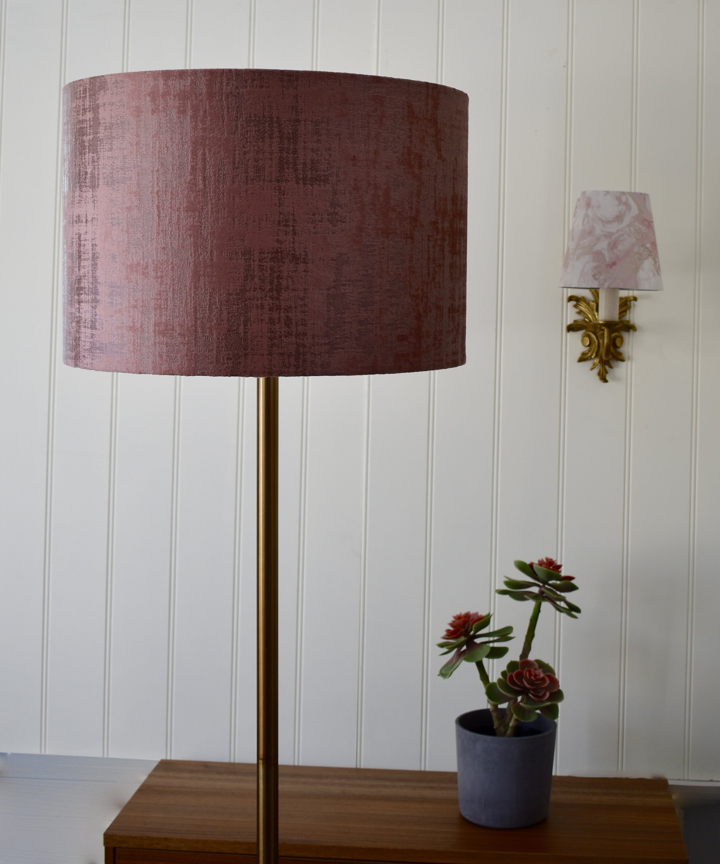 Pink Velvet Lampshade & Marbled Pink Mini Clip on Lamp Shade