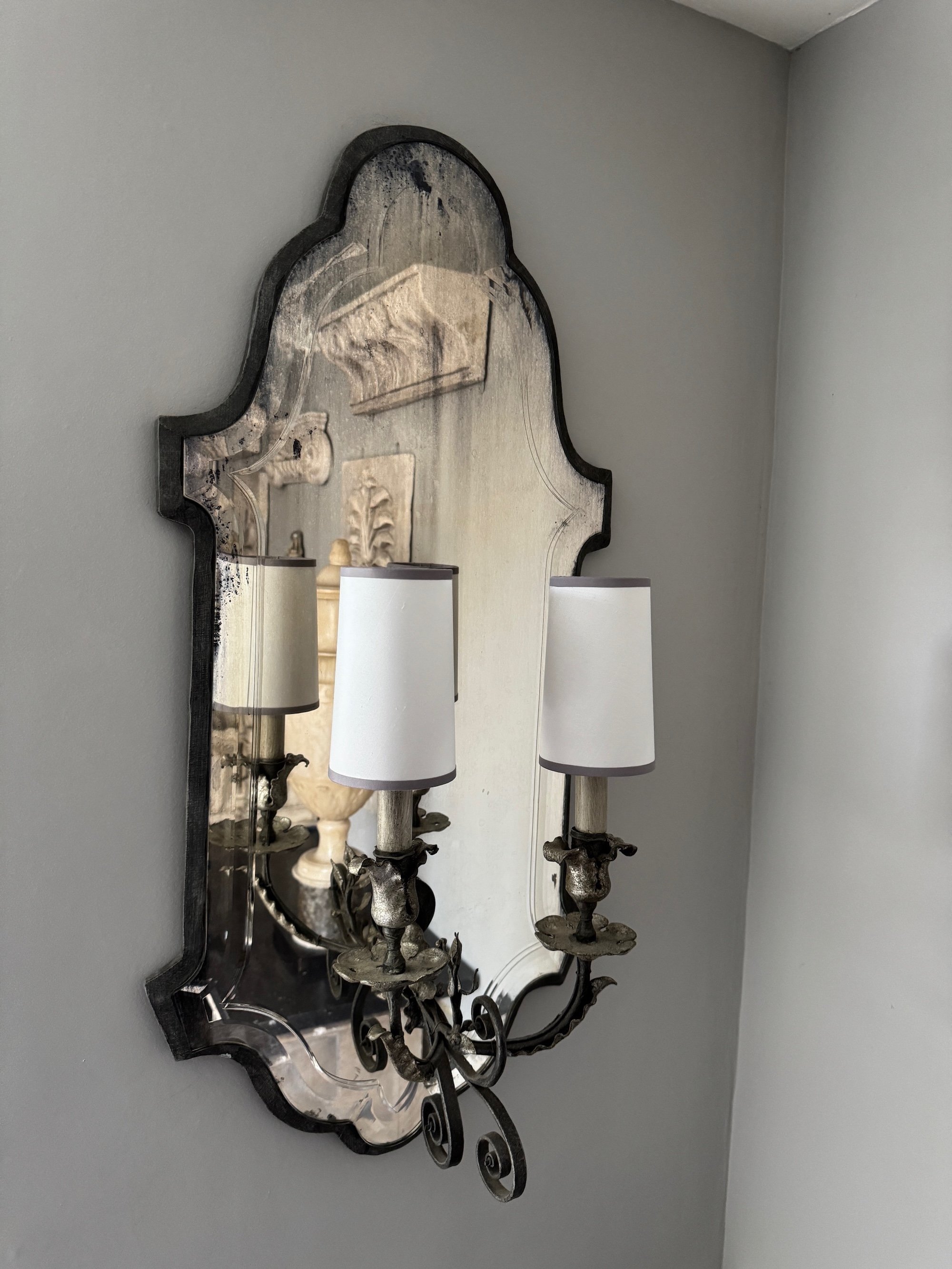 Bespoke Candle Clip Lampshades in White Silk with Grey trim