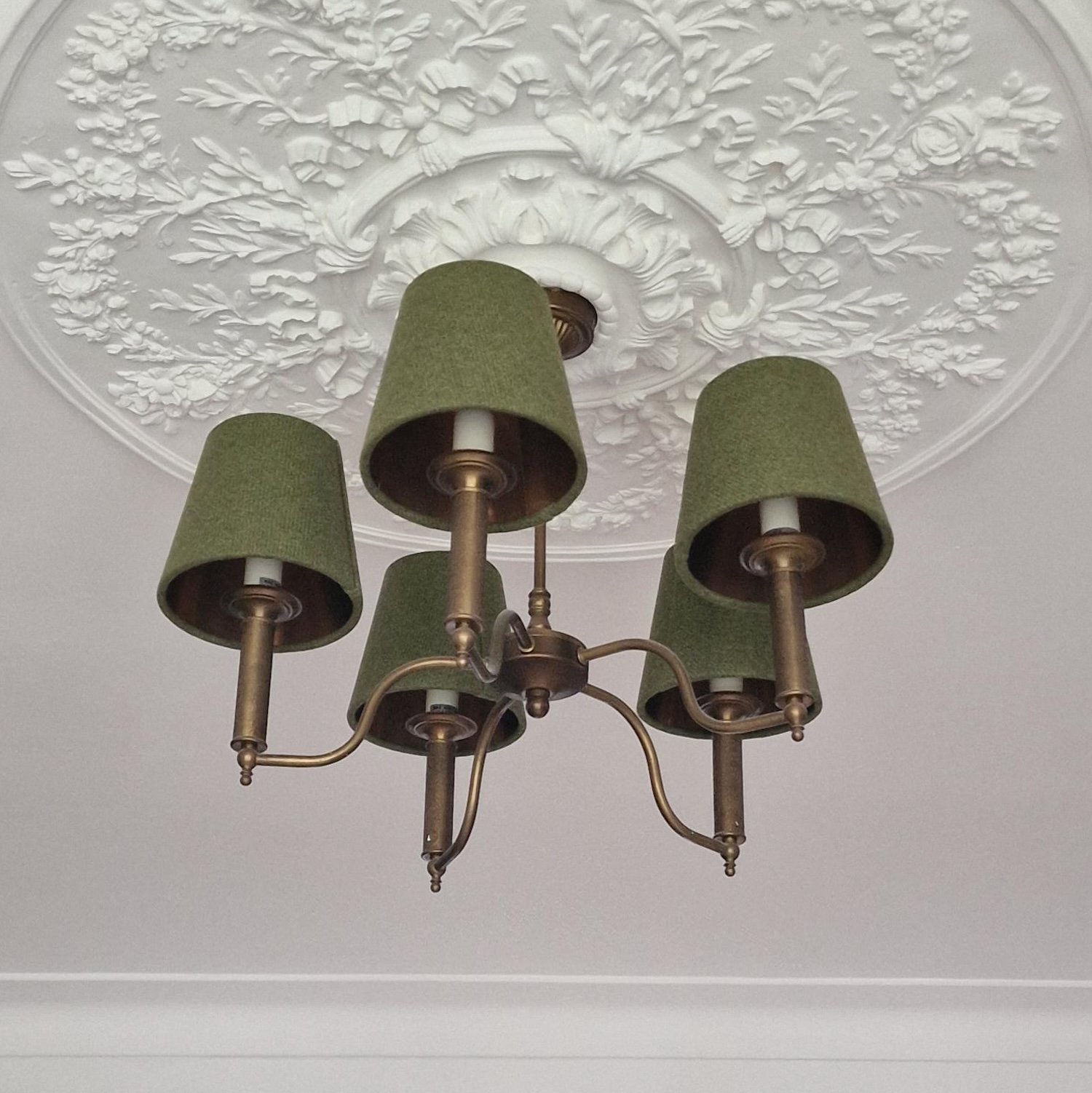 Small candle clip lamp shades for chandelier in copper and green wool