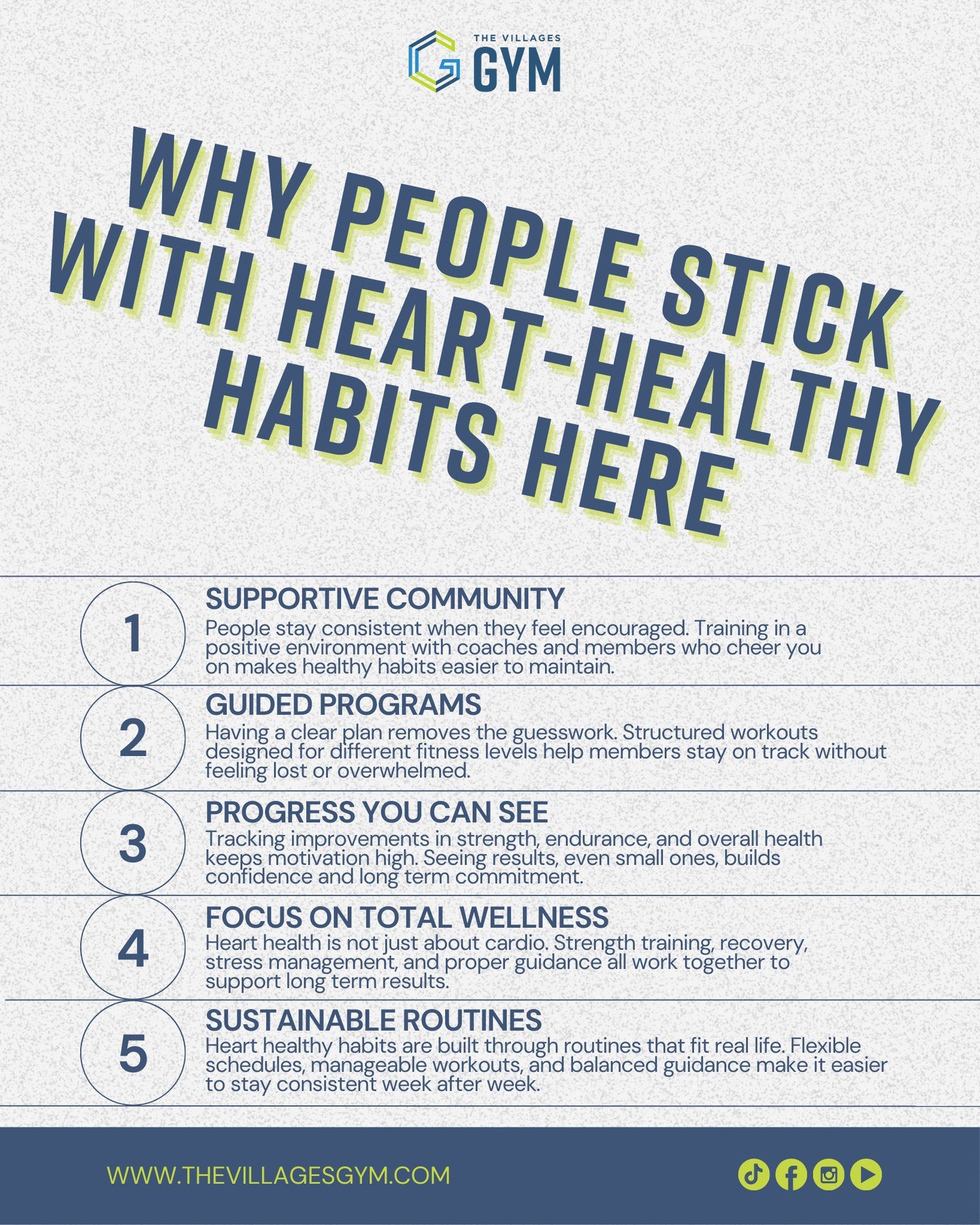 Heart-healthy habits are easier to maintain when you are in the right environment.⁠
⁠
At The Villages Gym, our members stay consistent because they are supported, guided, and encouraged every step of the way. With structured programs, visible progres