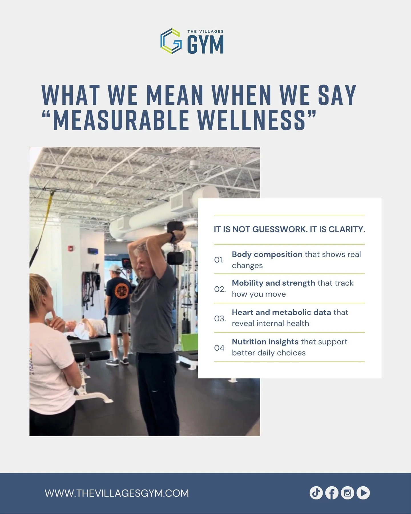 Measurable wellness means understanding your health with clarity, not guesswork.⁠
⁠
At The Villages Gym, we focus on real data that helps guide better decisions and long term progress. From body composition and mobility to heart health and nutrition 