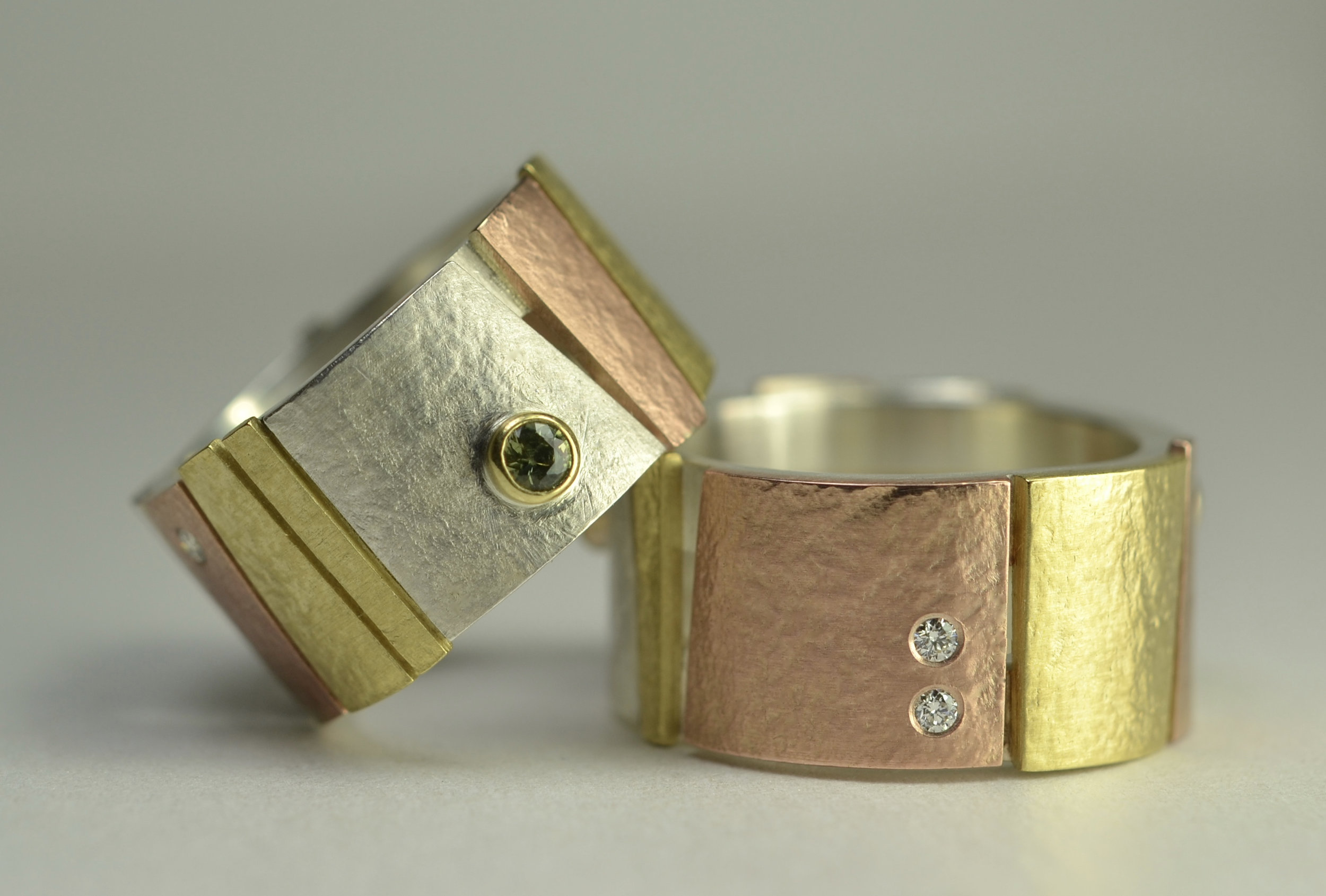  multi colored gold bands,&nbsp;diamond, tourmaline 