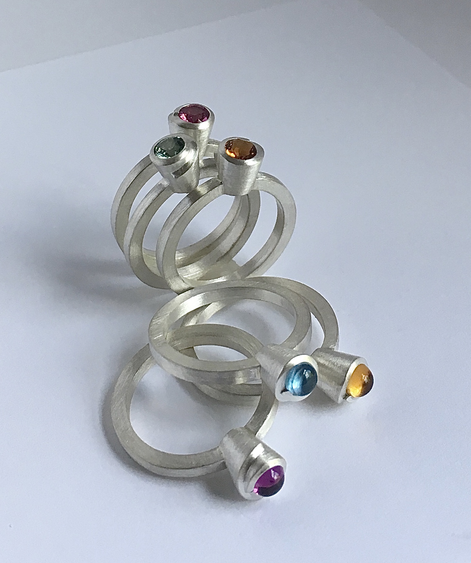  stack bands, silver, colored gemstones 