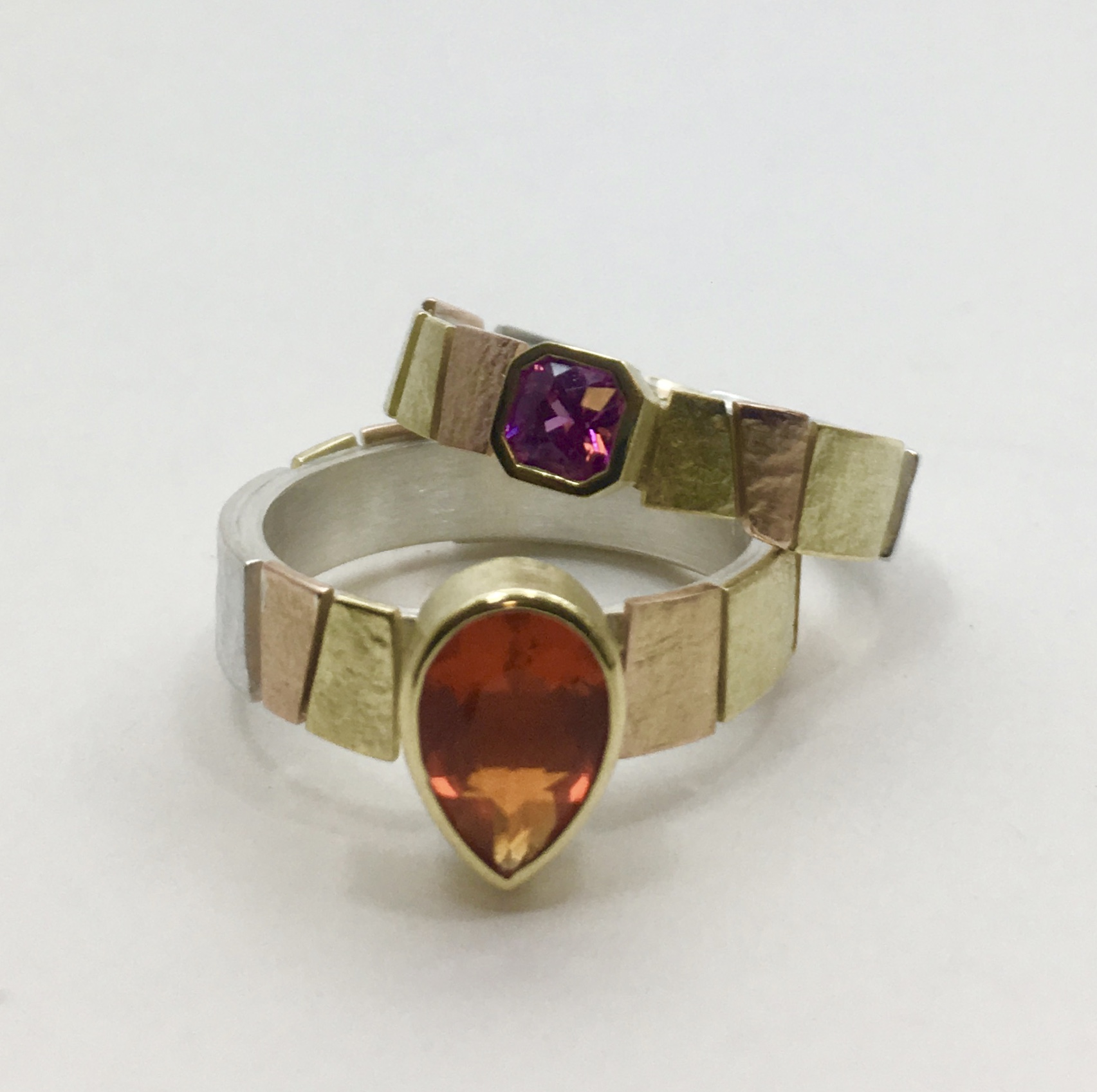  multi colored gold, silver, pink sapphire, fire opal 