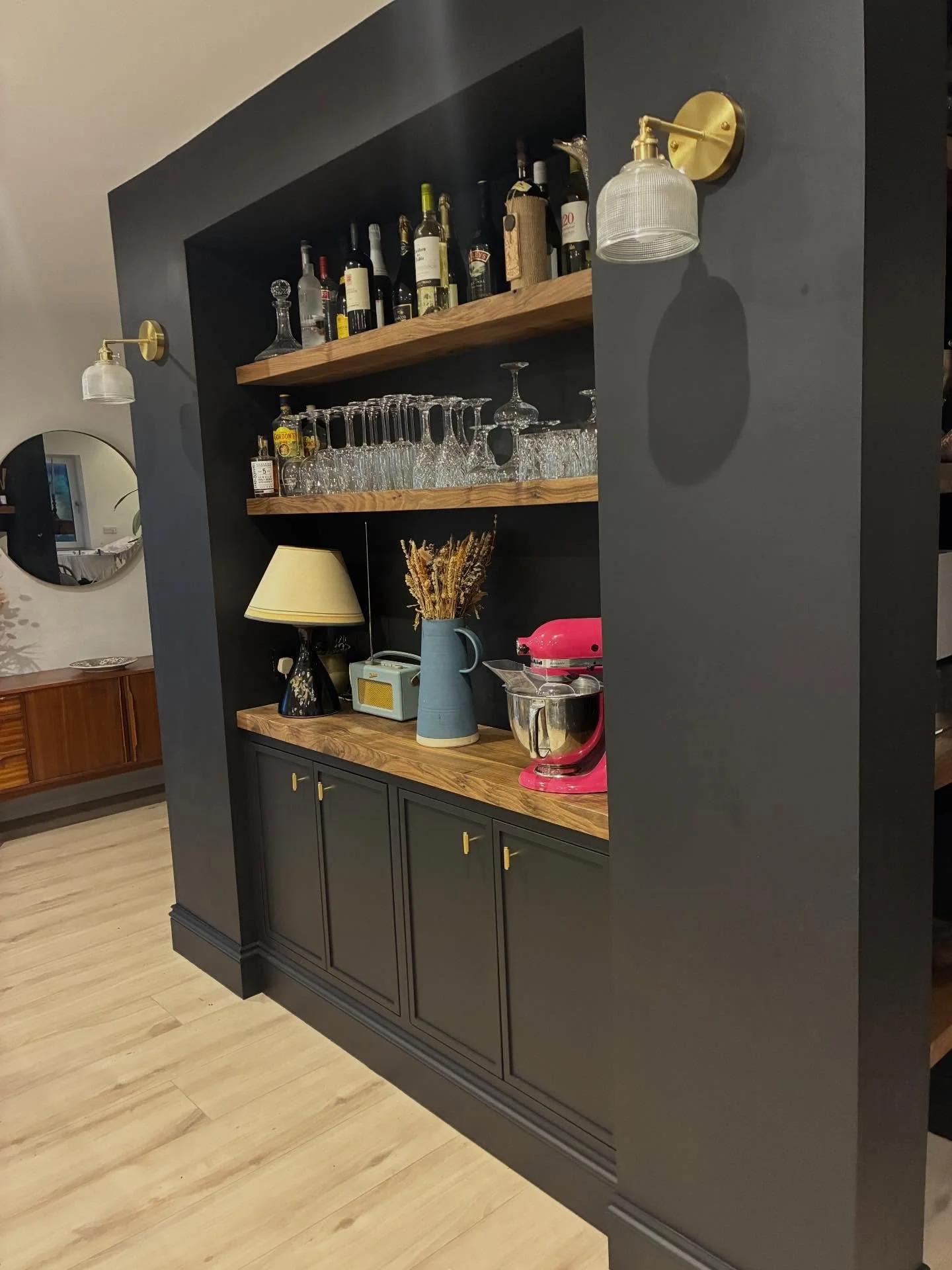 We had these up on stories a few weeks ago and got more questions about them than expected, so said we would put them up properly here.

I made the cabinets, and the shelving is 2&rdquo; solid Irish walnut. All the shelving, tables, and window sills 