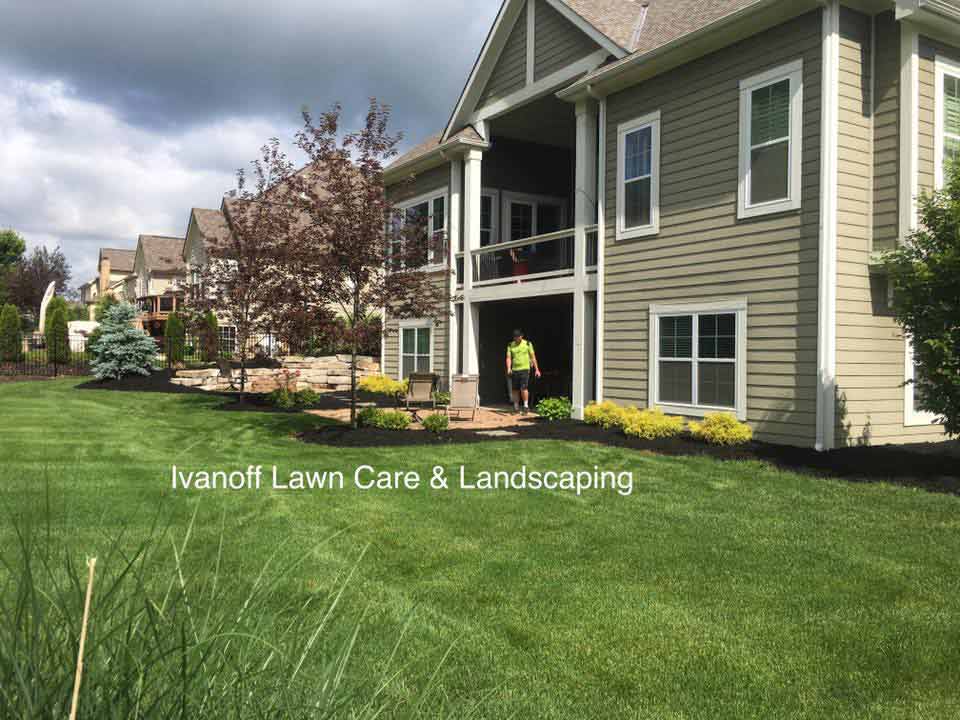 Apartment complex back lawn by local lawn care and landscape company.