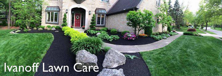 Panoramic front yard shot, complete lawn maintenance by Ivanoff.