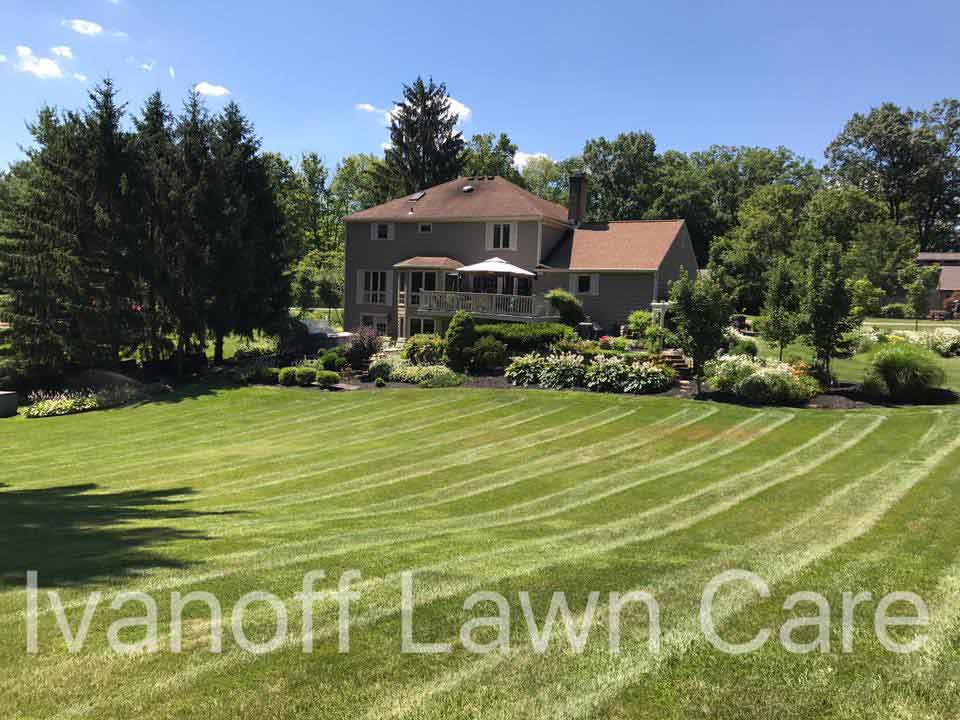Beautifully mowed back yard of home by Delaware landscape and complete lawn care maintenance company.