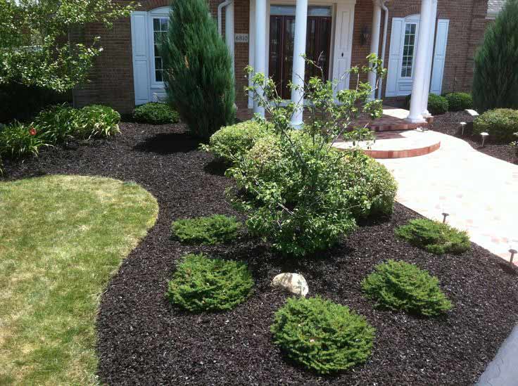 Freshly laid mulch in plant bed, part of complete lawn maintenance.