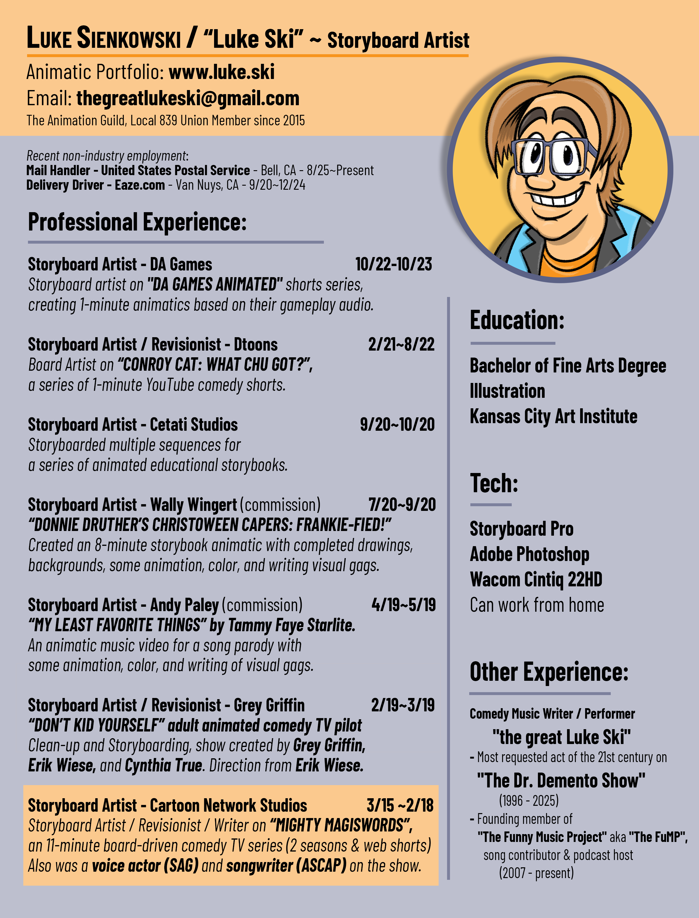 Luke Sienkowski Storyboard Artist Resume - 2026-06-24