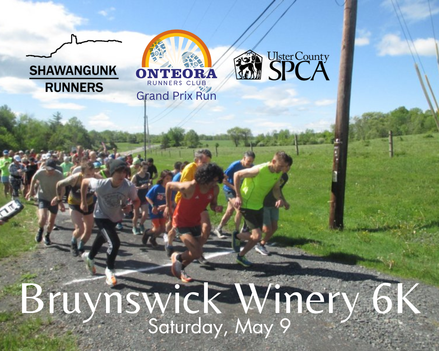 Runners starting a race on Kiernan  Farm with grass fields and blue sky in the background, promoting the Bruynwick Winery 6K event on Saturday, May 9.