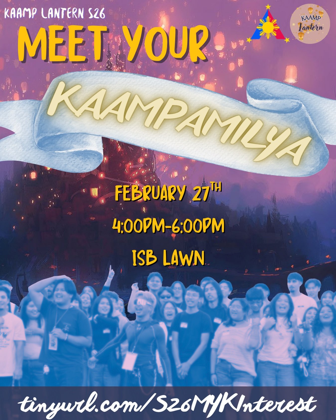 GET READY FOR ANOTHER CHAPTER WITH KAAMP LANTERN 🏮

Join us this Friday, February 27th from 4-6pm at ISB Lawn and have the opportunity to meet our Fams and learn abour their hxstory, signs and chants 🐉💎🐣

Meet Your KAAMP is MANDATORY for all pote