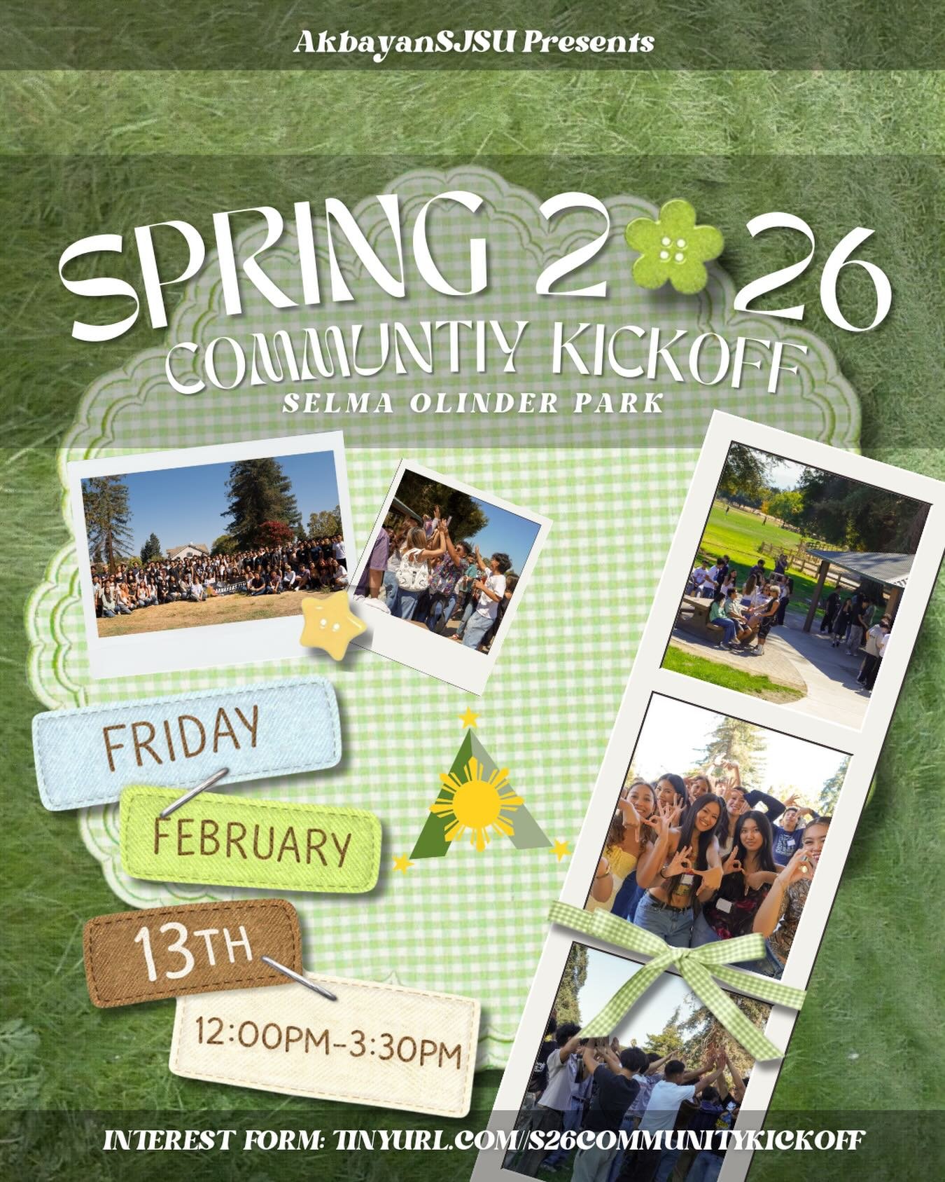 I KNOW YOU WANT TO MEET NEW PEOPLE 🫵😼

You should definitely come to SPRING COMMUNITY KICKOFF!! Come join us on Friday, Febuary 13th from 12 to 3:30pm as we&rsquo;ll be kicking off the semester at Selma Olinder Park with a bunch of picnic games and