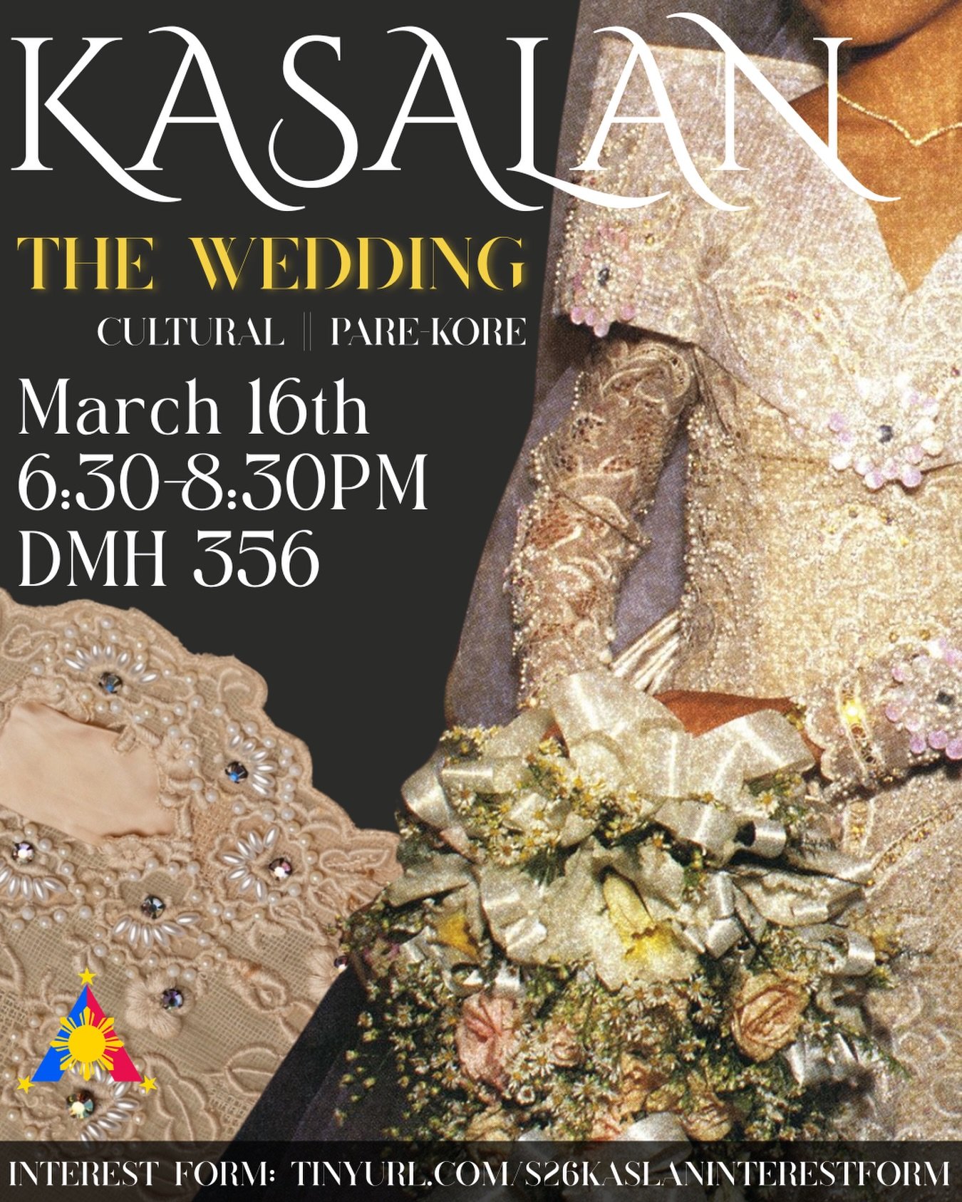 Want to learn about Philippine Wedding Traditions 💍😱

Join us for our Kasalan Workshop to dive into the rich and beautiful evolution of Philippine wedding traditions on March 16 from 6:30PM - 8:30PM at DMH 356 to dive into the rich and beautiful ev