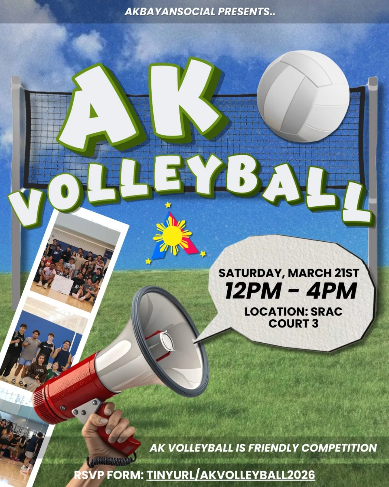 Live out your Karasuno dreams and fly high with us at AK VOLLEYBALL 🐦&zwj;⬛🏐

On Saturday March 21st from 12-4PM and join us at SRAC Court 3 for a friendly bracket styled competition 😼 Come and meet both returning and new faces in a competive, fun