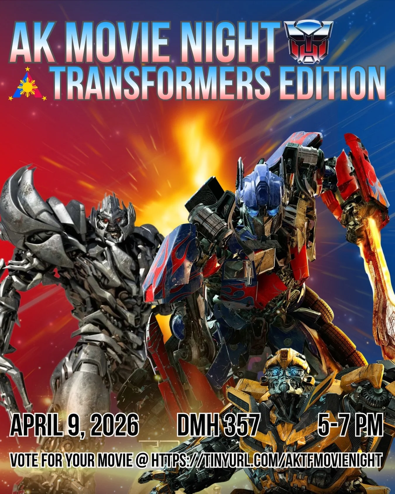 YOU SHOULD ROLLOUT TO MOVIE NIGHT 🤖

We are back once again with our monthly Movie night where we will be screening a transformer movie! 

Come join us tomorrow April 9th from 5-7PM at DMH 357 and enjoy one of the many movies from the transformers f