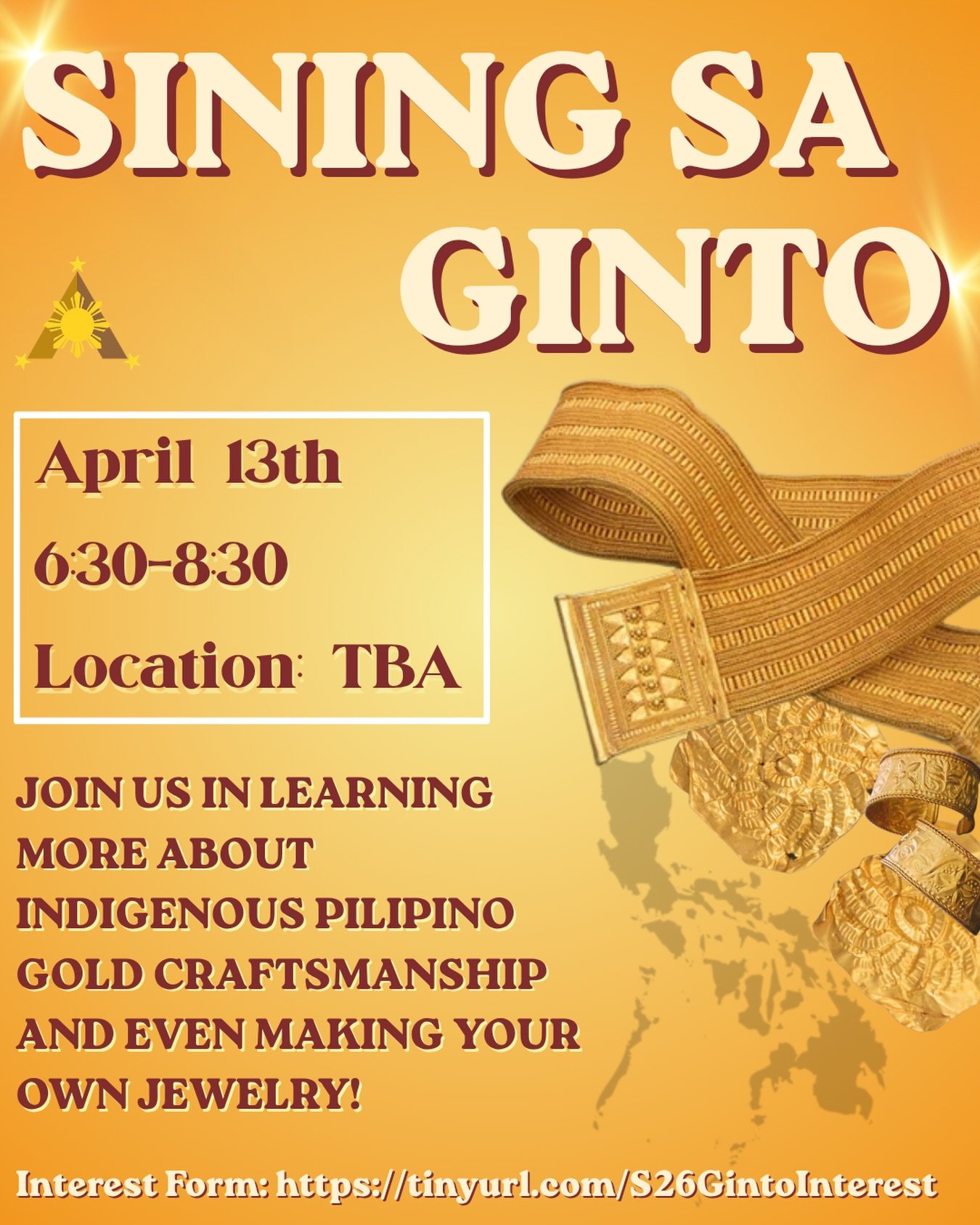 YOU WANNA MAKE JEWELRY SOOO BAD😛💍

Come join us on April 13th from 6:30-8:30pm to explore various techniques an practices on gold craftsmen ship from the precolonial time period have and the opportunity to make your own jewelry‼️ 💍👑

Make sure to