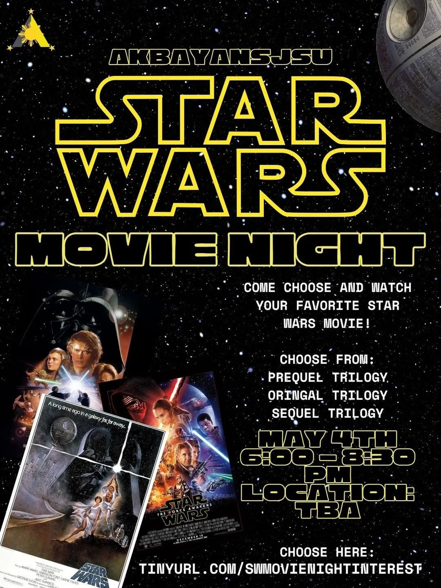 MAY THE 4TH BE WITH YOU 🤩🚀

Its about that time again with our last monthly movie night where we will be screening a STAR WARS MOVIE!

Come join us tonight from 6-8:30PM, Location TBA and watch one of the many movies from the Star Wars Franchise! M