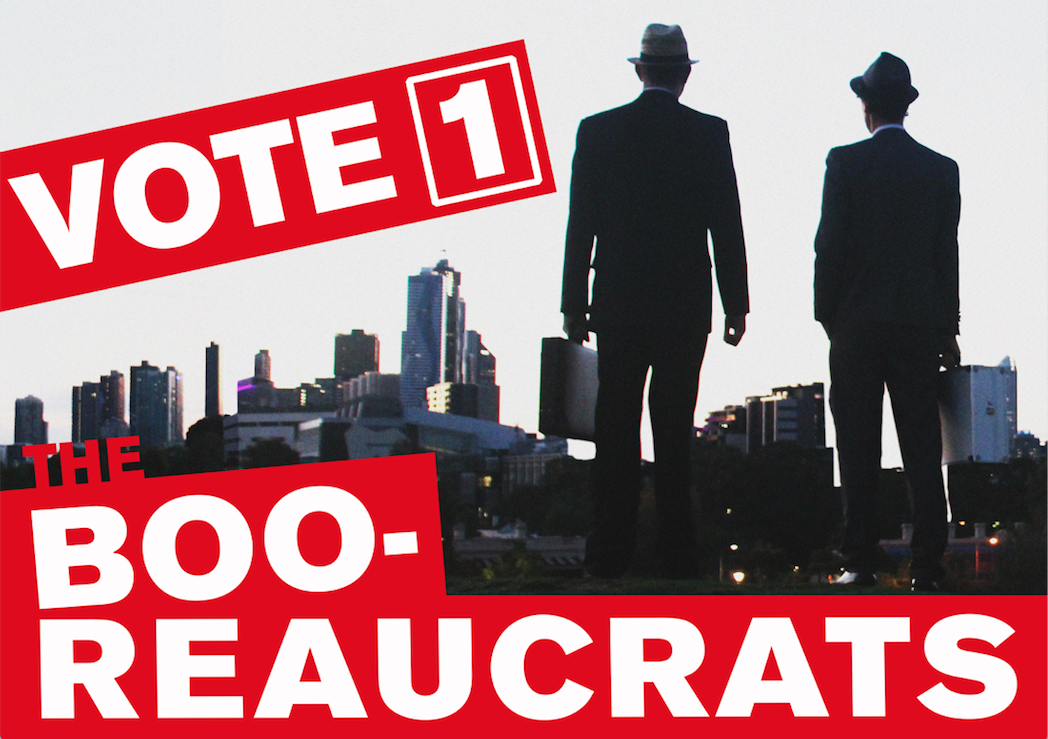 Vote 1 The Booreaucrats (poster) at BOO, The Bureau for the Organisation of Origins, AAANZ, Melbourne, 2018 (with Ben Sheppard).